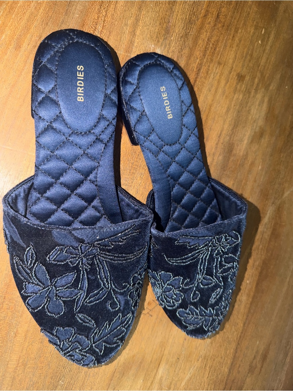Birdies Navy Quilted Velvet Slide Mules with Embroidered Floral Detail